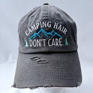 Embroidered Camping Hair Don't Care Gray Distressed Strapback Baseball Cap Hat